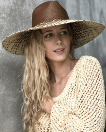 Brown teardrop crown panama toquilla straw hat with brown and ivory patterned wide brim
