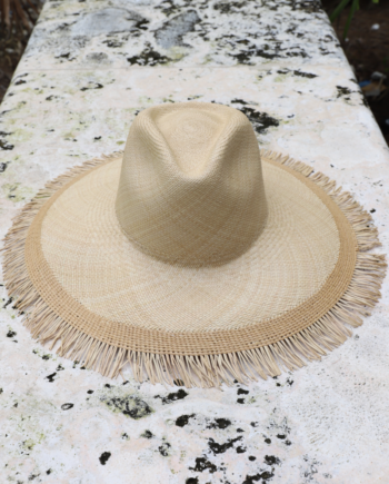 Beige and tan teardrop crown wide brim panama toquilla straw hat with fringe