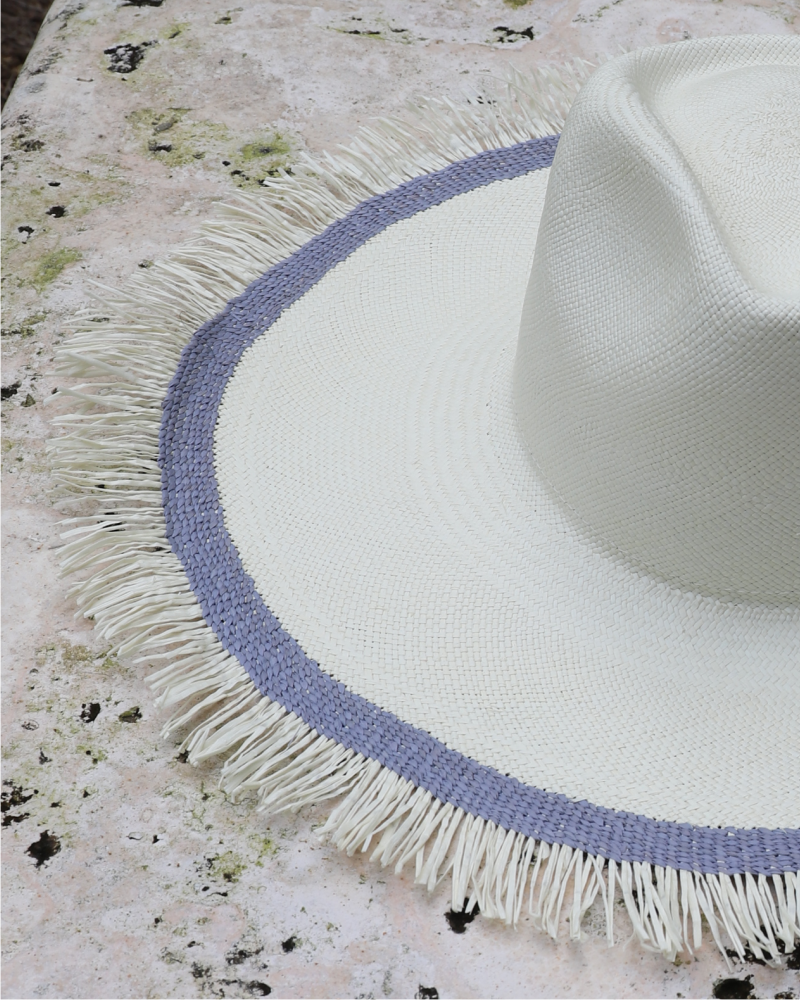 Ivory and blue teardrop crown wide brim panama toquilla straw hat with fringe