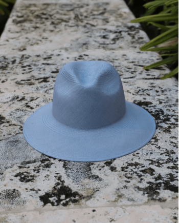 Blue cattleman pinched crown wide brim panama toquilla straw hat