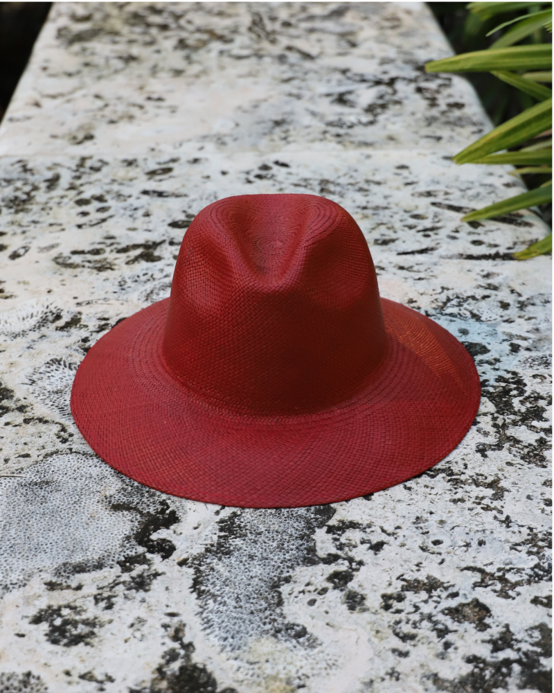 Red cattleman pinched crown wide brim panama toquilla straw hat