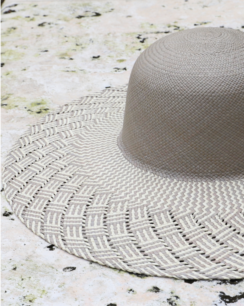 Grey rounded crown panama toquilla straw hat with grey and white patterned wide brim