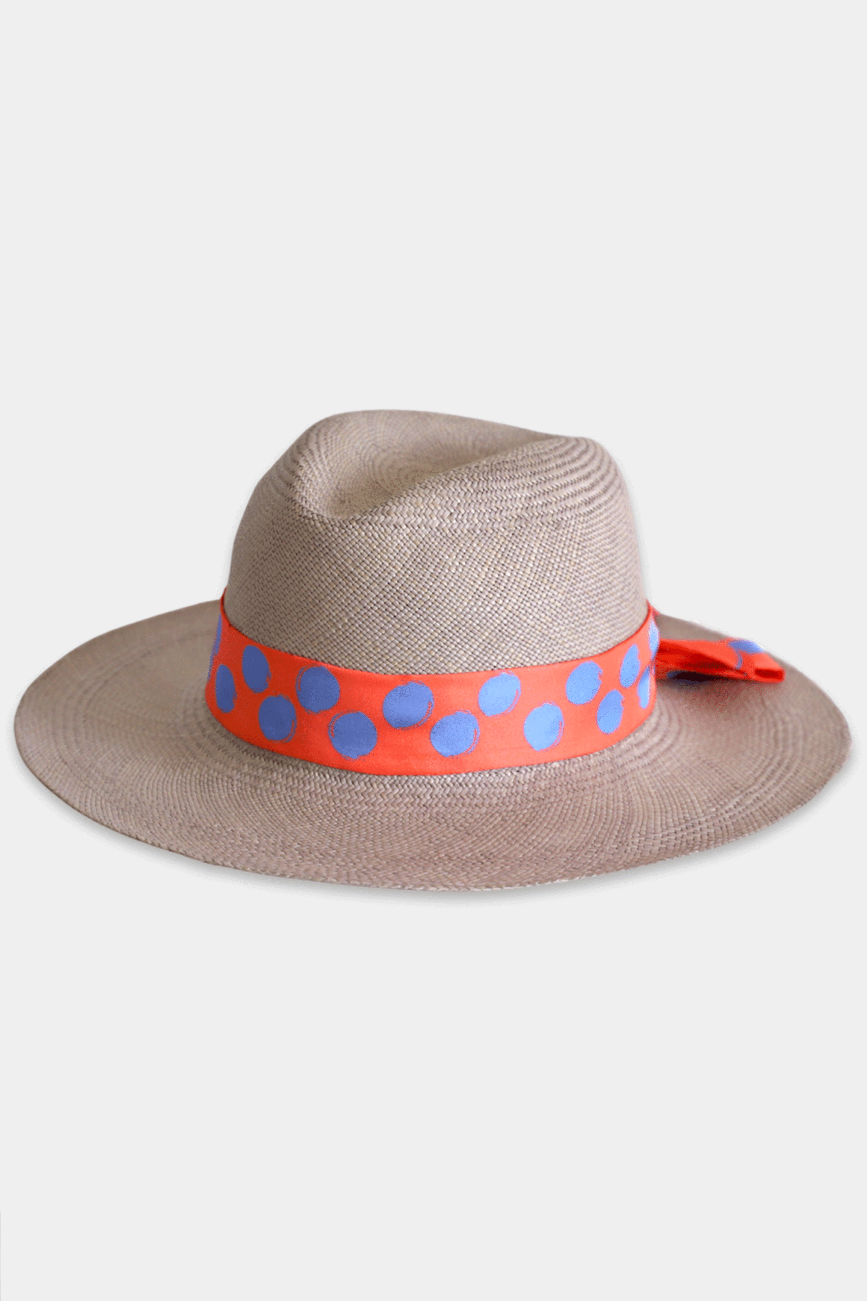 DORA - Handmade Straw Panama Hat With Polka Dot Silk Ribbon - Beige