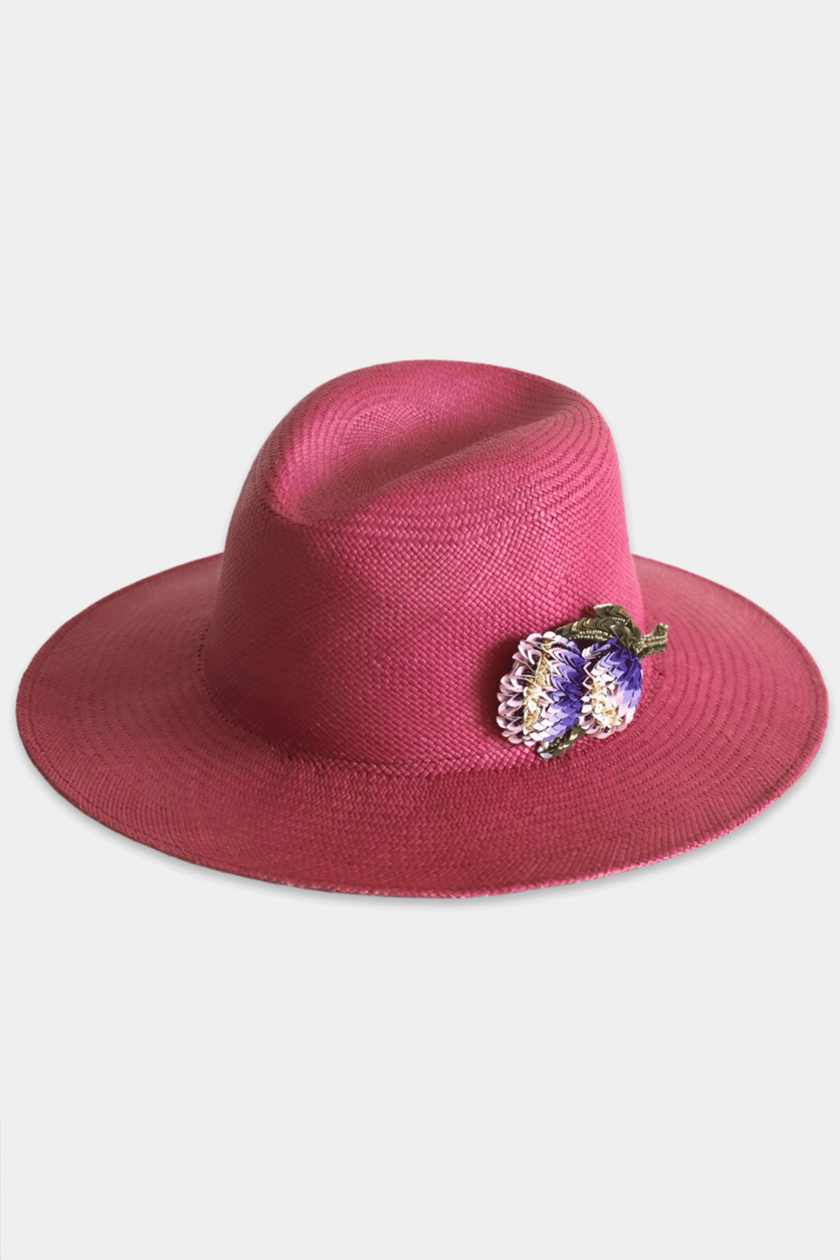 DORA - Hand-Woven Straw Panama Hat With a Hand Made Brooch - Fuchsia