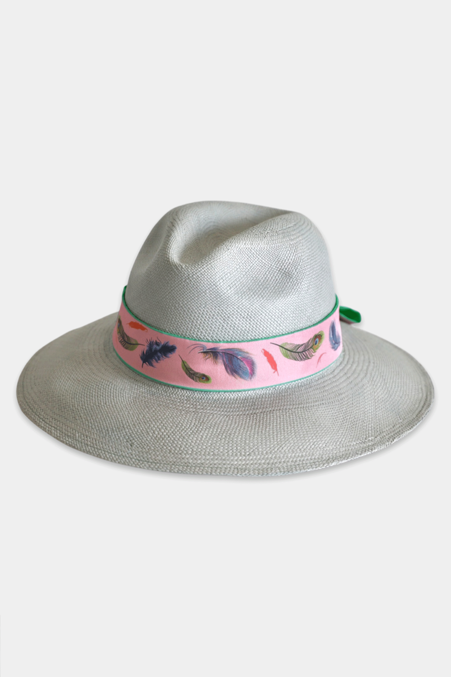 DORA - Hand-Woven Straw Panama Hat With a Silk Ribbon "Feathers" - Mint