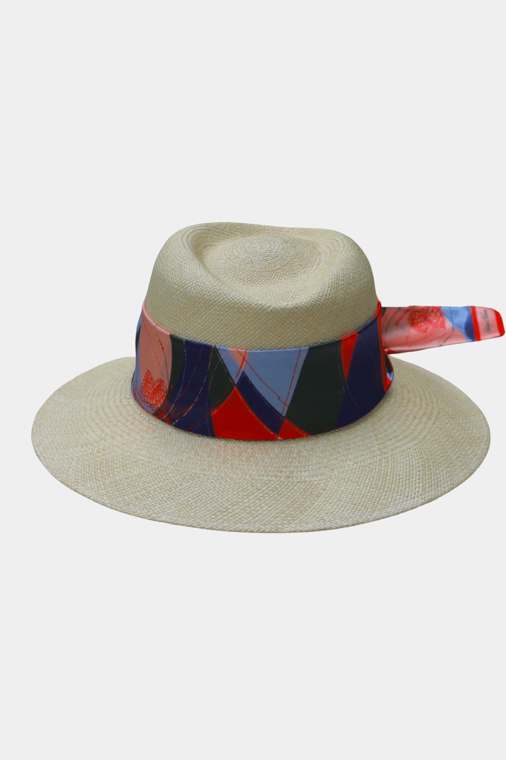 TROPICANA Hand-Woven Sun Hat With Asymmetric Crown and Abstract Silk Ribbon - Ivory