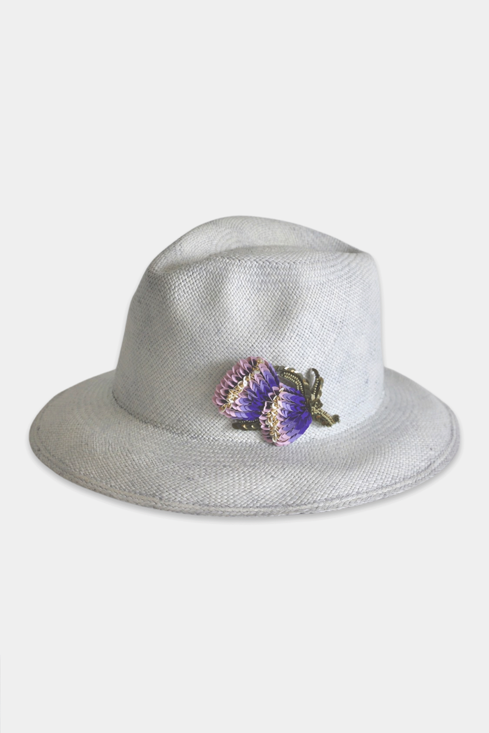 MILA  - Classic Hand-Woven Fedora Sun Hat With a Hand-Made Brooch - White Denim