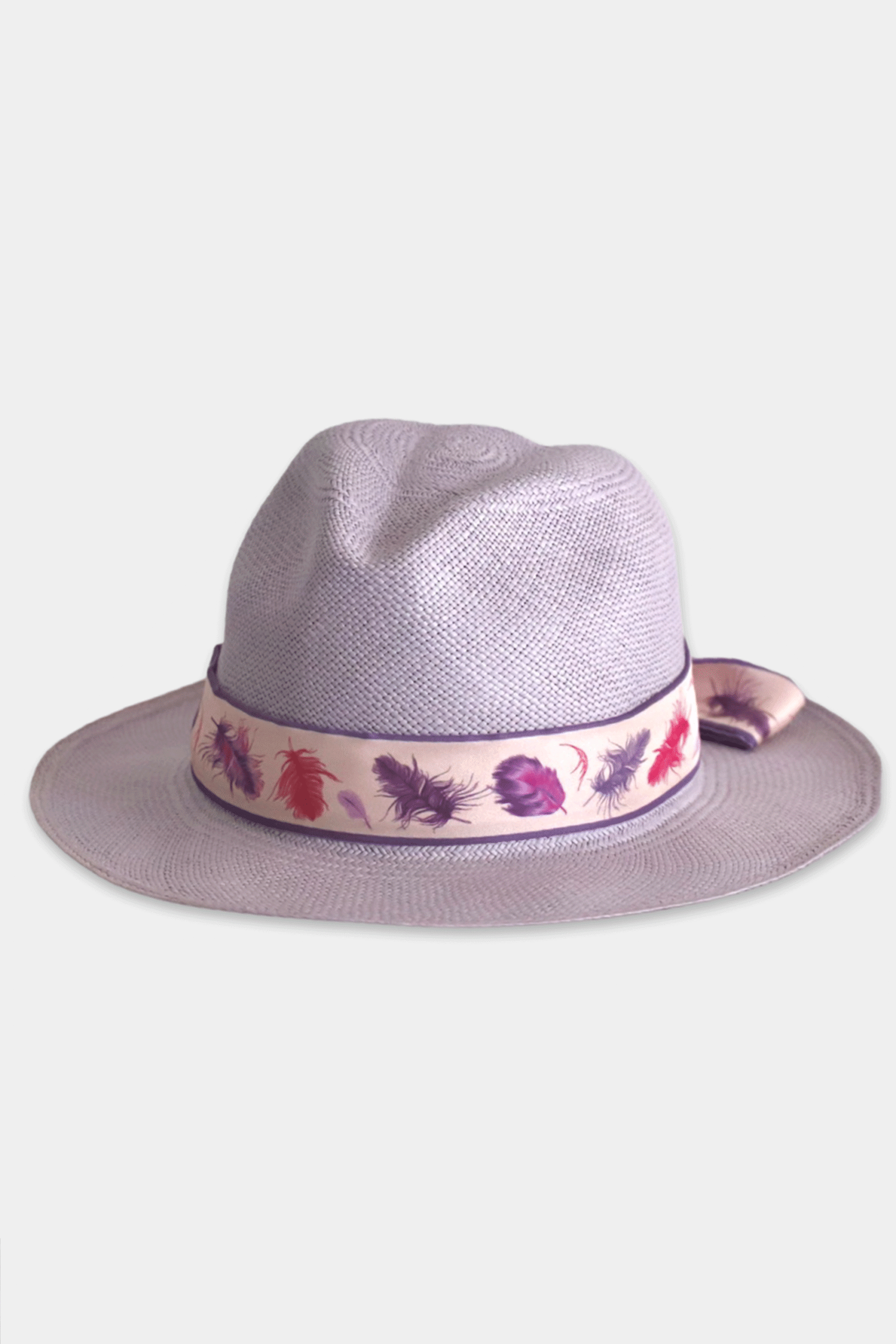 MILA  - Classic Hand-Woven Fedora Sun Hat With  Silk Ribbon "Feathers" - Lavander