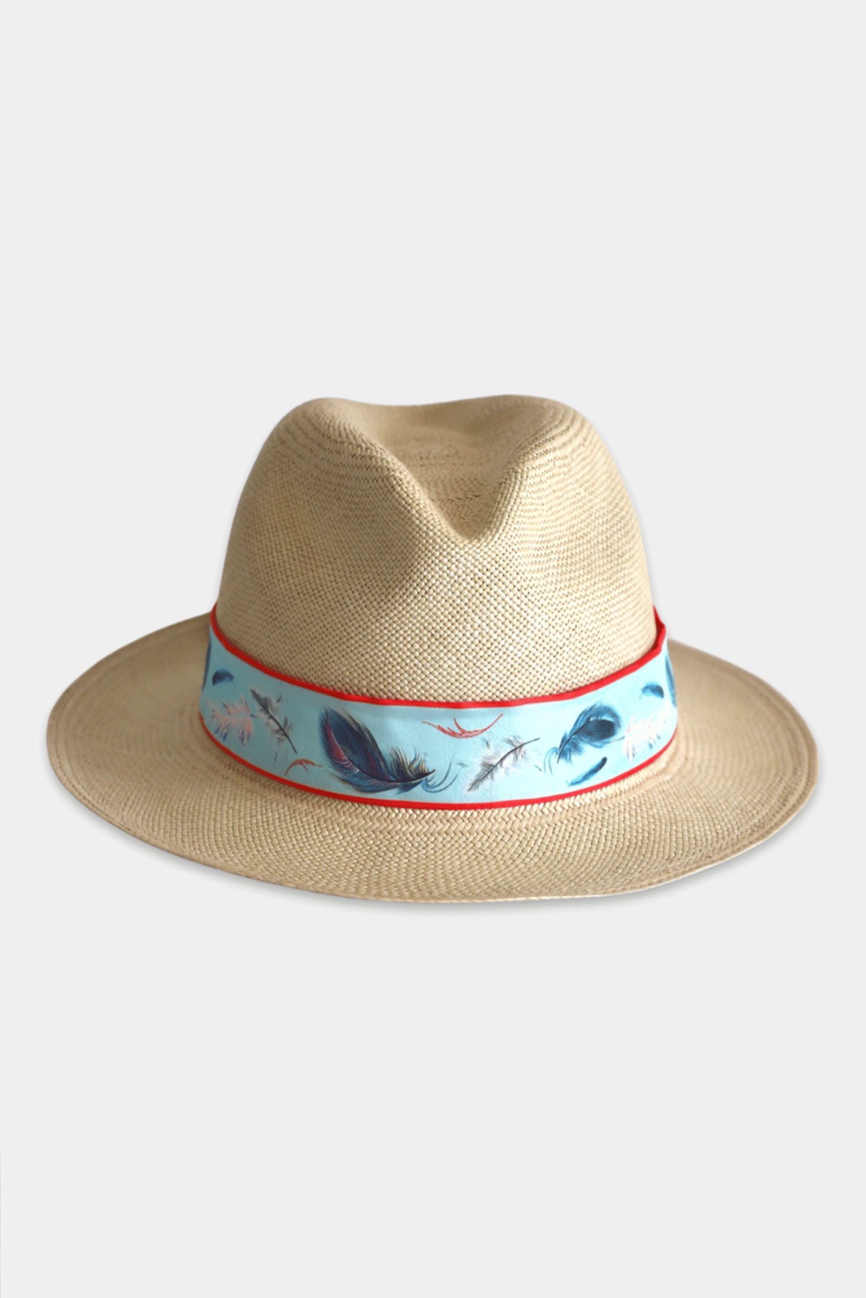 MILA  - Classic Hand-Woven Fedora Sun Hat With  Silk Ribbon "Feathers" - Beige